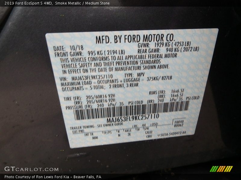 Smoke Metallic / Medium Stone 2019 Ford EcoSport S 4WD