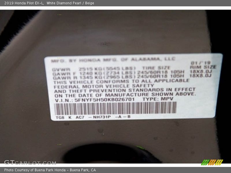 White Diamond Pearl / Beige 2019 Honda Pilot EX-L