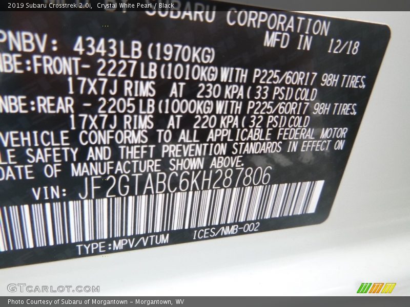 Crystal White Pearl / Black 2019 Subaru Crosstrek 2.0i