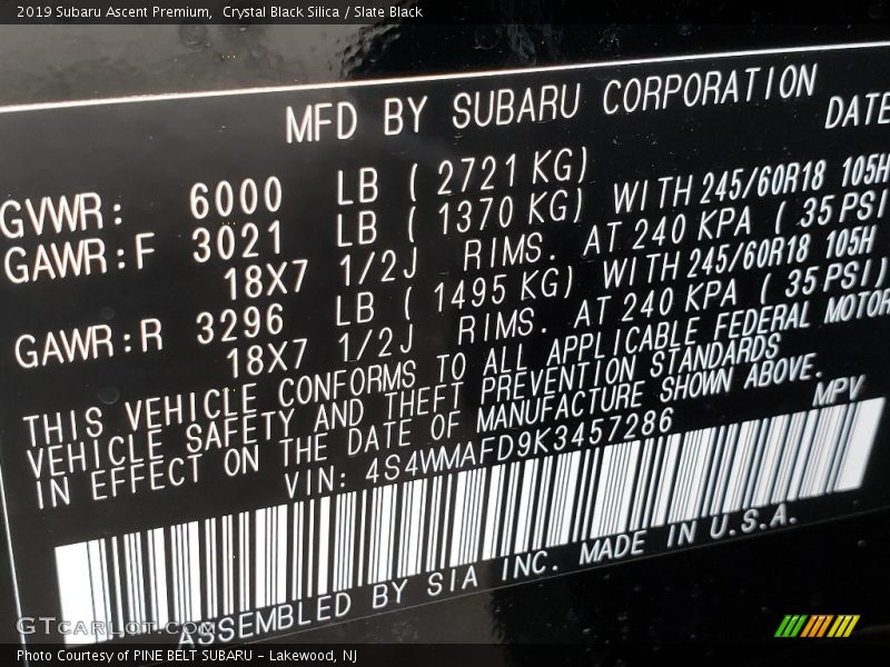 Crystal Black Silica / Slate Black 2019 Subaru Ascent Premium