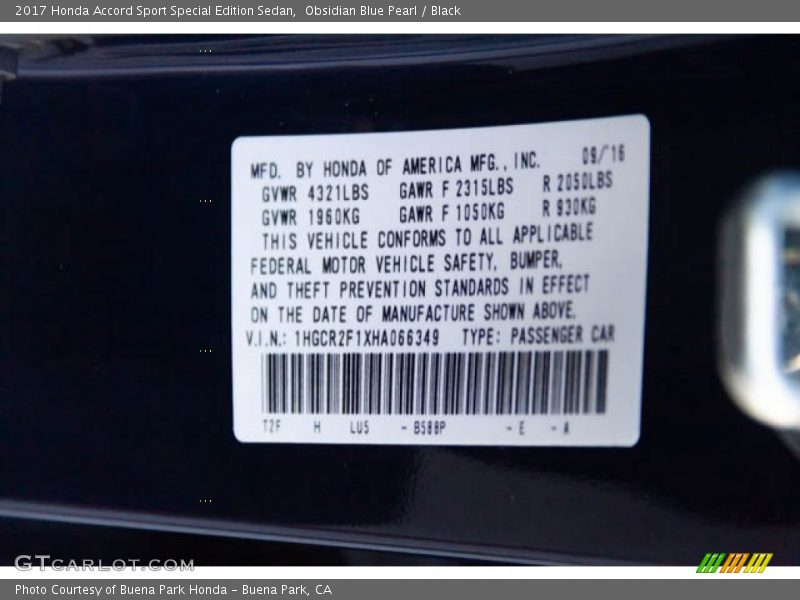 Obsidian Blue Pearl / Black 2017 Honda Accord Sport Special Edition Sedan