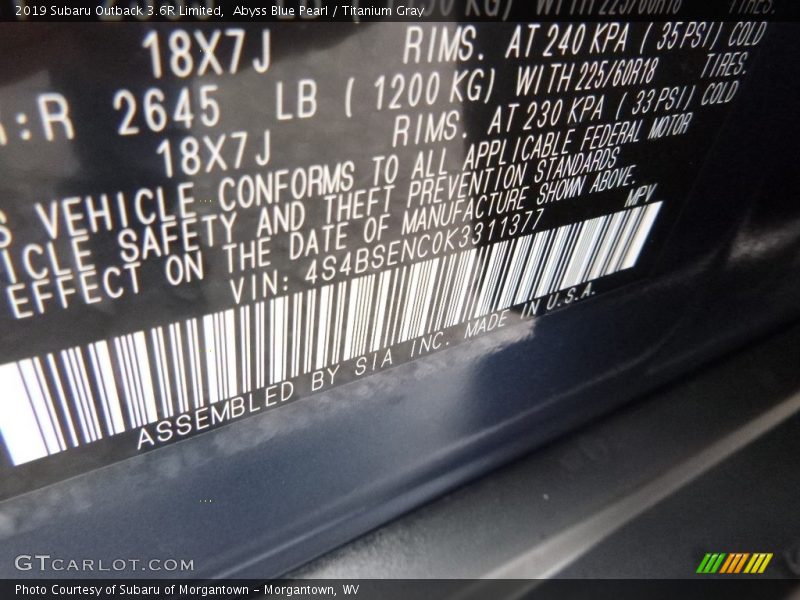 Abyss Blue Pearl / Titanium Gray 2019 Subaru Outback 3.6R Limited
