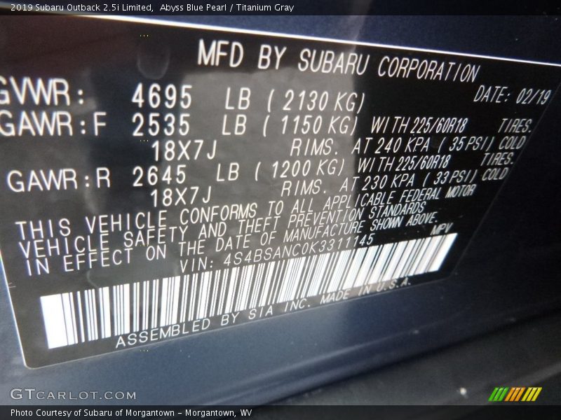 Abyss Blue Pearl / Titanium Gray 2019 Subaru Outback 2.5i Limited