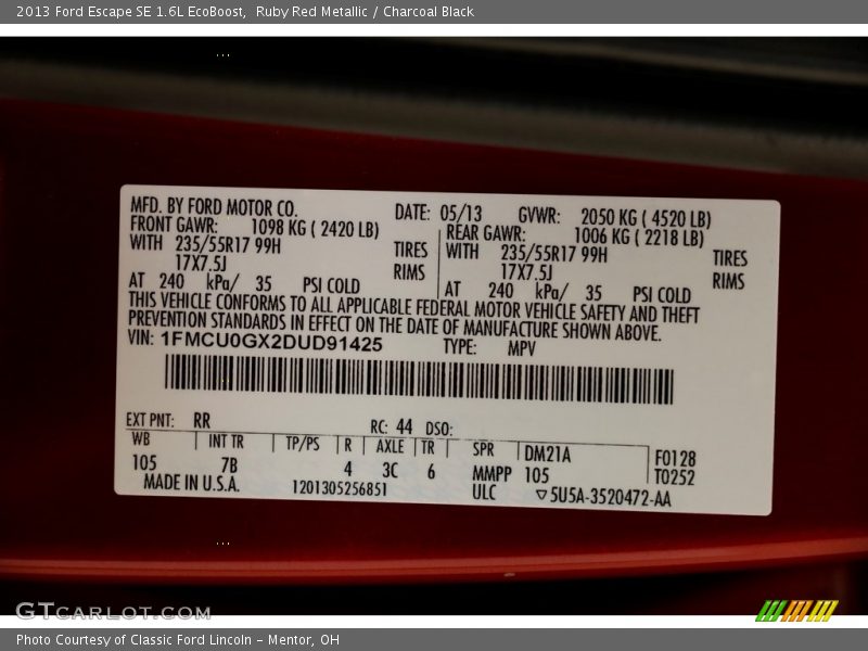 Ruby Red Metallic / Charcoal Black 2013 Ford Escape SE 1.6L EcoBoost