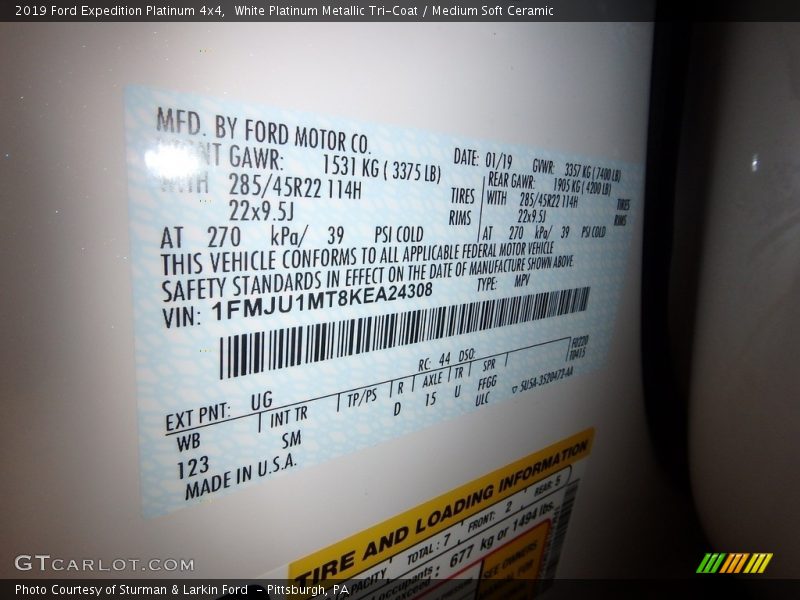 2019 Expedition Platinum 4x4 White Platinum Metallic Tri-Coat Color Code UG