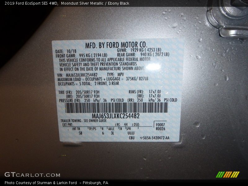 Moondust Silver Metallic / Ebony Black 2019 Ford EcoSport SES 4WD