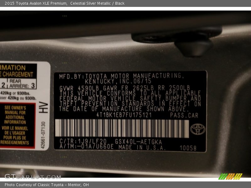 Celestial Silver Metallic / Black 2015 Toyota Avalon XLE Premium