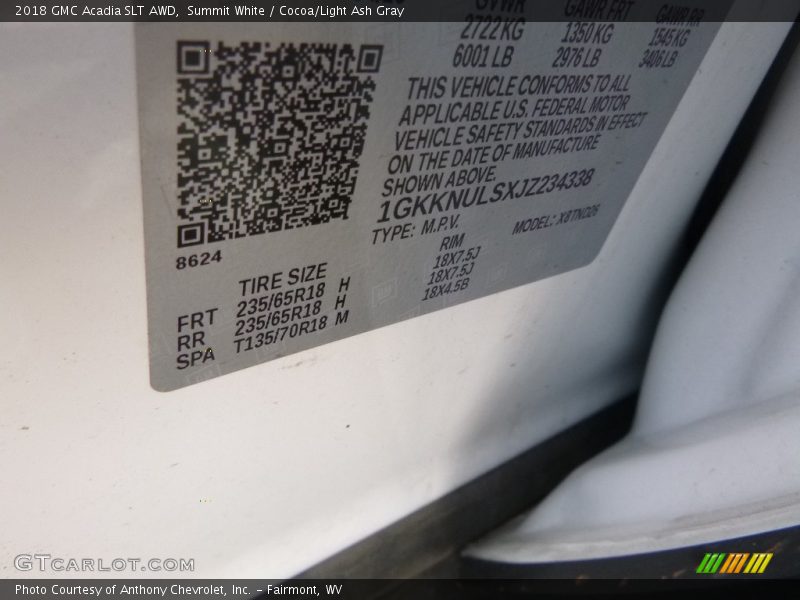 Summit White / Cocoa/Light Ash Gray 2018 GMC Acadia SLT AWD