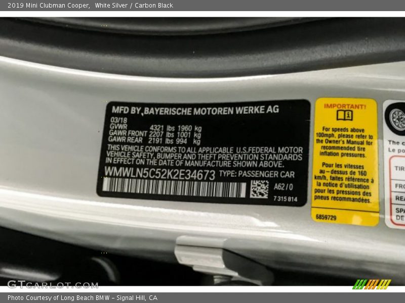 2019 Clubman Cooper White Silver Color Code A62