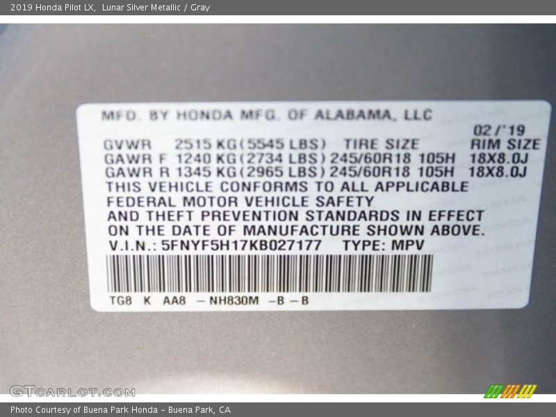 Lunar Silver Metallic / Gray 2019 Honda Pilot LX