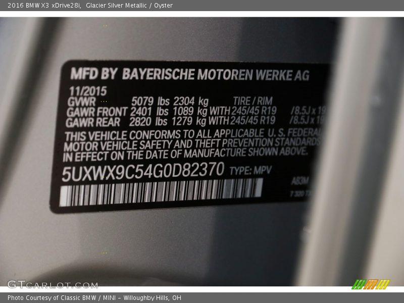 Glacier Silver Metallic / Oyster 2016 BMW X3 xDrive28i