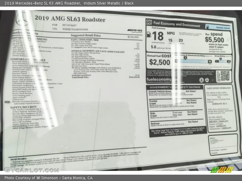  2019 SL 63 AMG Roadster Window Sticker