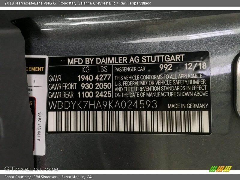 2019 AMG GT Roadster Selenite Grey Metallic Color Code 992