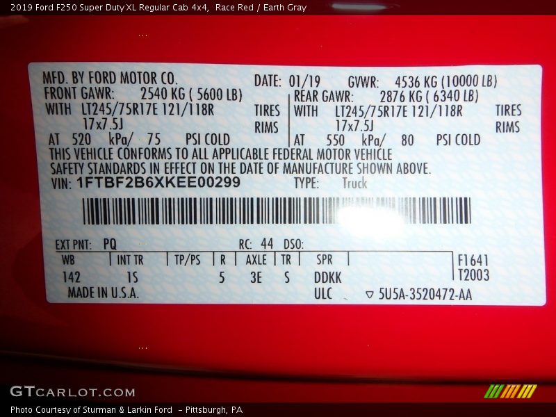 2019 F250 Super Duty XL Regular Cab 4x4 Race Red Color Code PQ