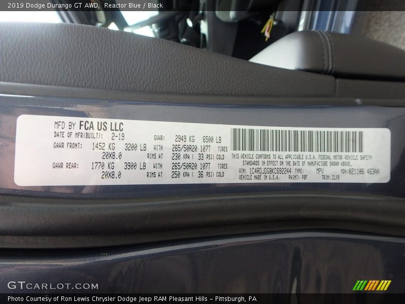 Reactor Blue / Black 2019 Dodge Durango GT AWD