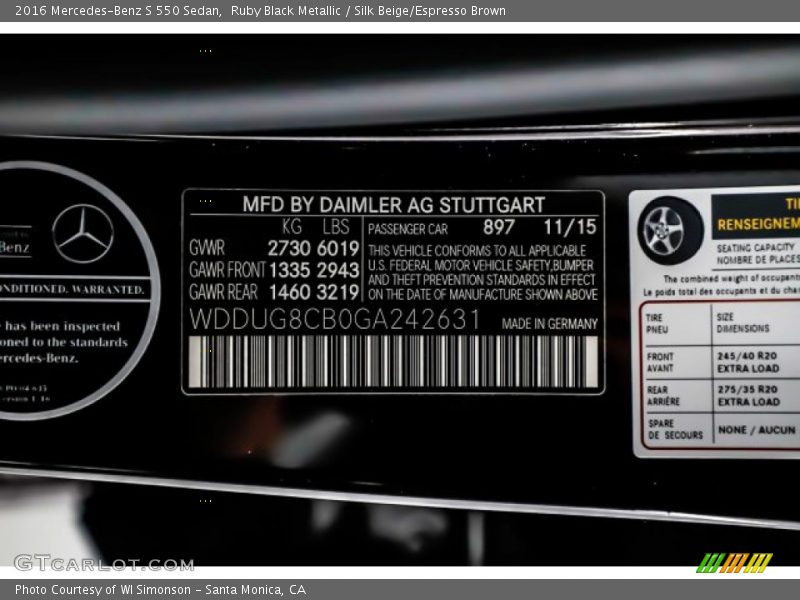 2016 S 550 Sedan Ruby Black Metallic Color Code 897