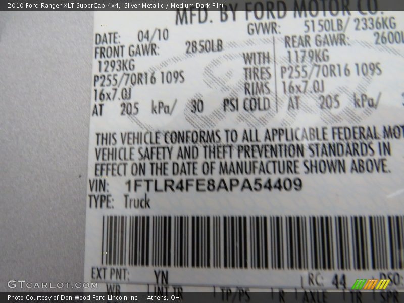 Silver Metallic / Medium Dark Flint 2010 Ford Ranger XLT SuperCab 4x4