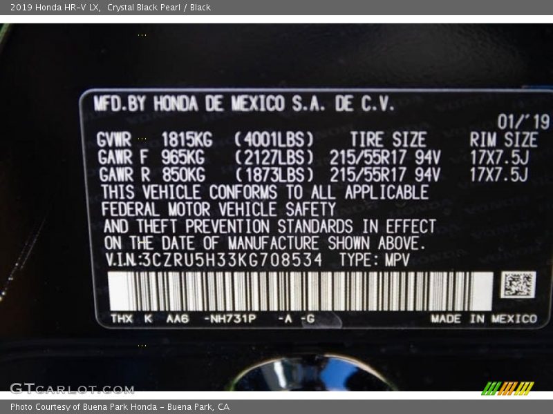 Crystal Black Pearl / Black 2019 Honda HR-V LX