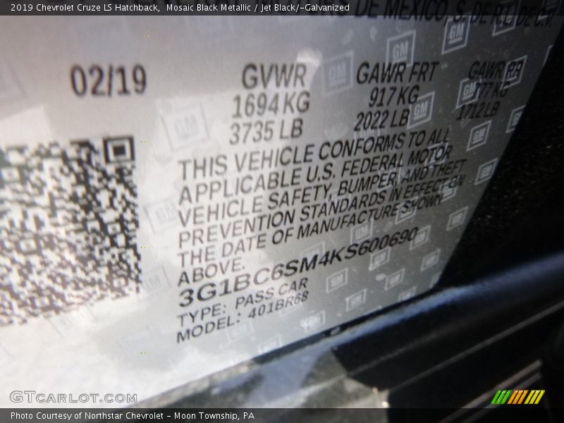 Mosaic Black Metallic / Jet Black/­Galvanized 2019 Chevrolet Cruze LS Hatchback