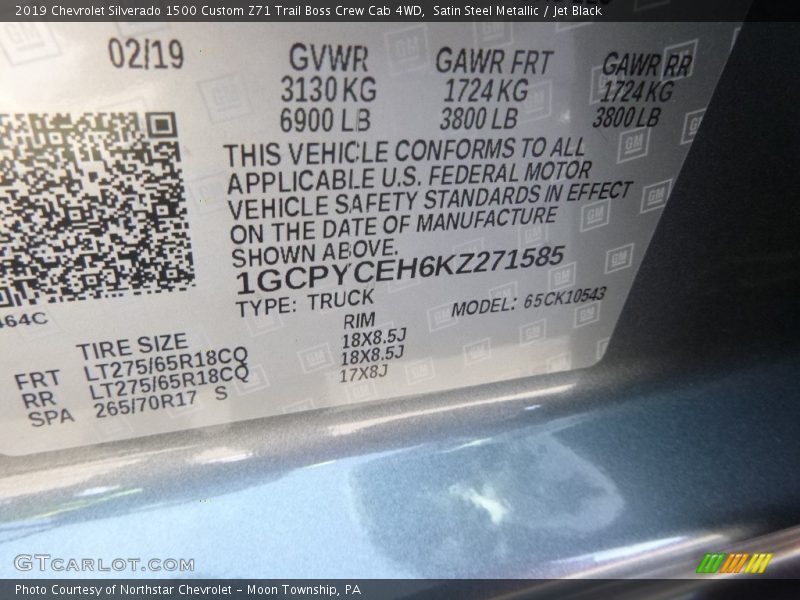 Satin Steel Metallic / Jet Black 2019 Chevrolet Silverado 1500 Custom Z71 Trail Boss Crew Cab 4WD