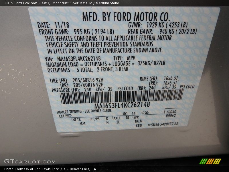 Moondust Silver Metallic / Medium Stone 2019 Ford EcoSport S 4WD
