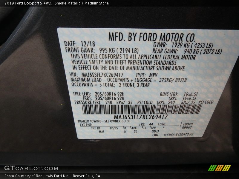 Smoke Metallic / Medium Stone 2019 Ford EcoSport S 4WD