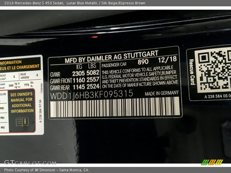 Lunar Blue Metallic / Silk Beige/Espresso Brown 2019 Mercedes-Benz S 450 Sedan