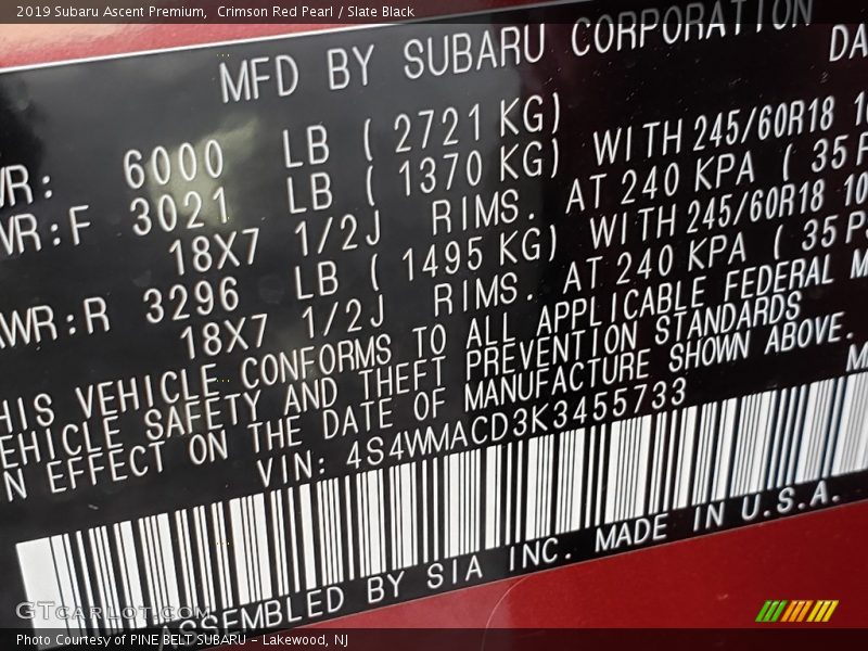Crimson Red Pearl / Slate Black 2019 Subaru Ascent Premium