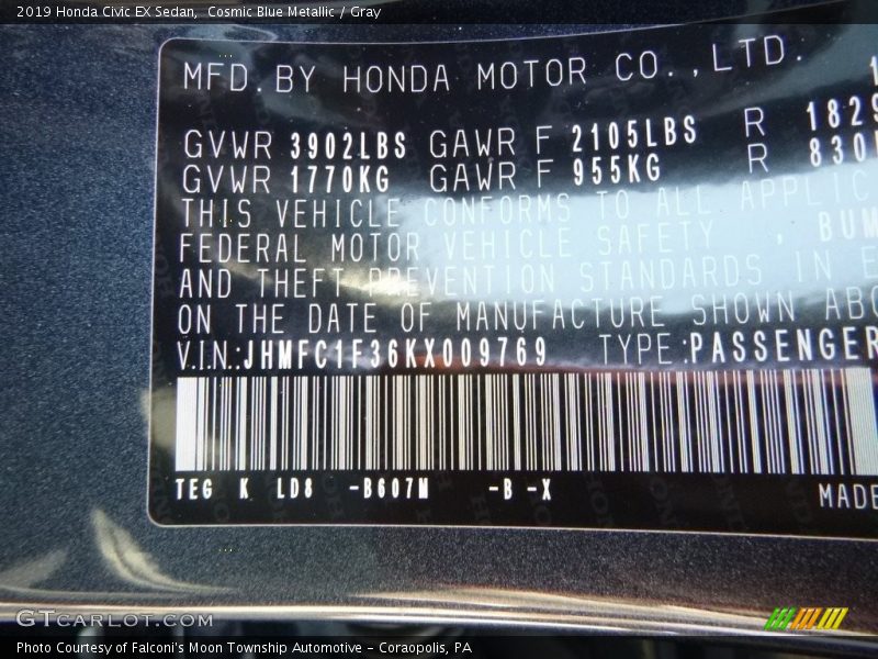Cosmic Blue Metallic / Gray 2019 Honda Civic EX Sedan