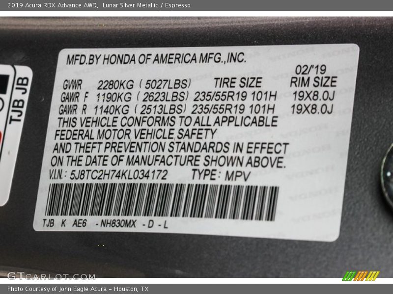 Lunar Silver Metallic / Espresso 2019 Acura RDX Advance AWD