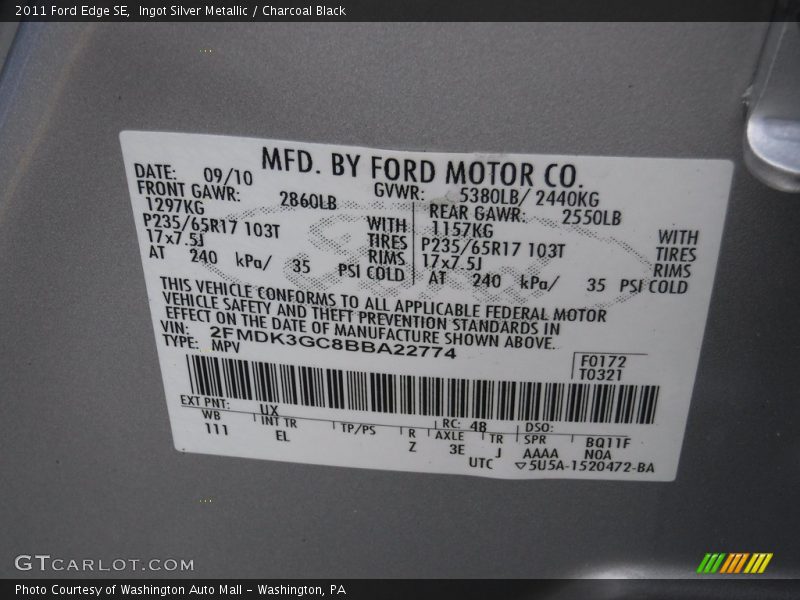 Ingot Silver Metallic / Charcoal Black 2011 Ford Edge SE