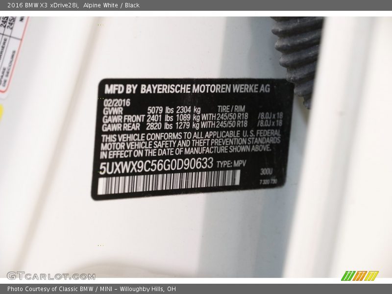 Alpine White / Black 2016 BMW X3 xDrive28i