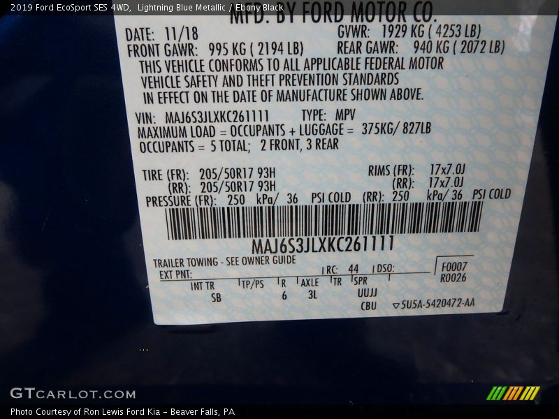 Lightning Blue Metallic / Ebony Black 2019 Ford EcoSport SES 4WD