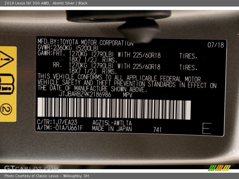 2019 NX 300 AWD Atomic Silver Color Code 1J7