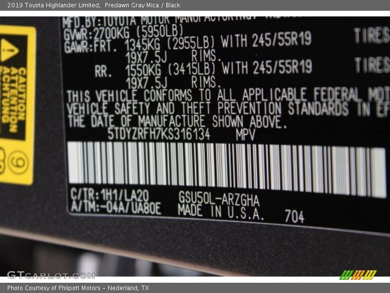 Predawn Gray Mica / Black 2019 Toyota Highlander Limited