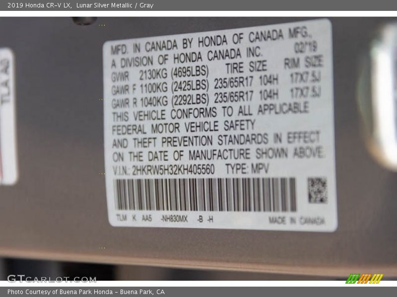 2019 CR-V LX Lunar Silver Metallic Color Code NH830MX