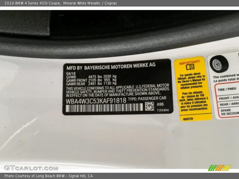 Mineral White Metallic / Cognac 2019 BMW 4 Series 430i Coupe