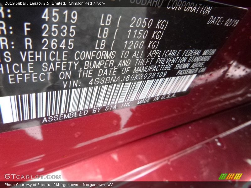 Crimson Red / Ivory 2019 Subaru Legacy 2.5i Limited