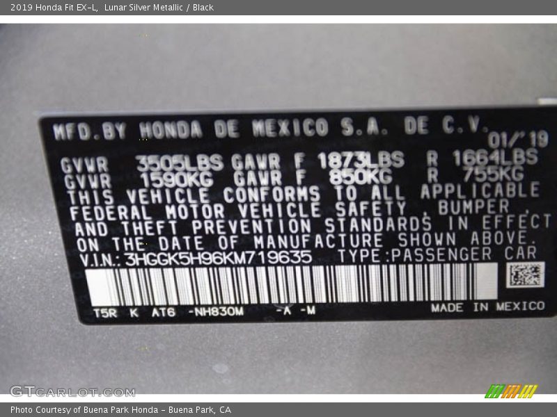 2019 Fit EX-L Lunar Silver Metallic Color Code NH830M