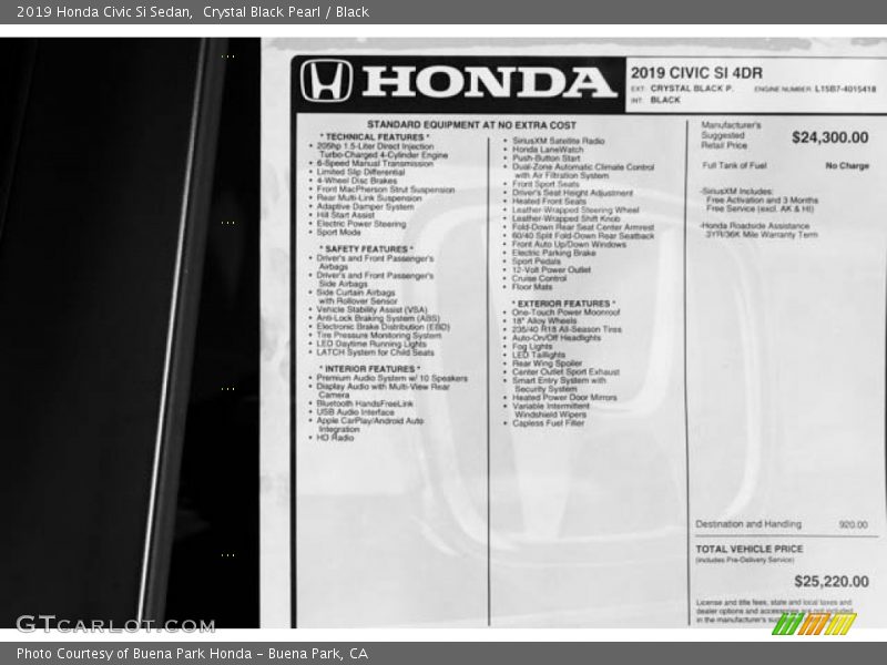 Crystal Black Pearl / Black 2019 Honda Civic Si Sedan