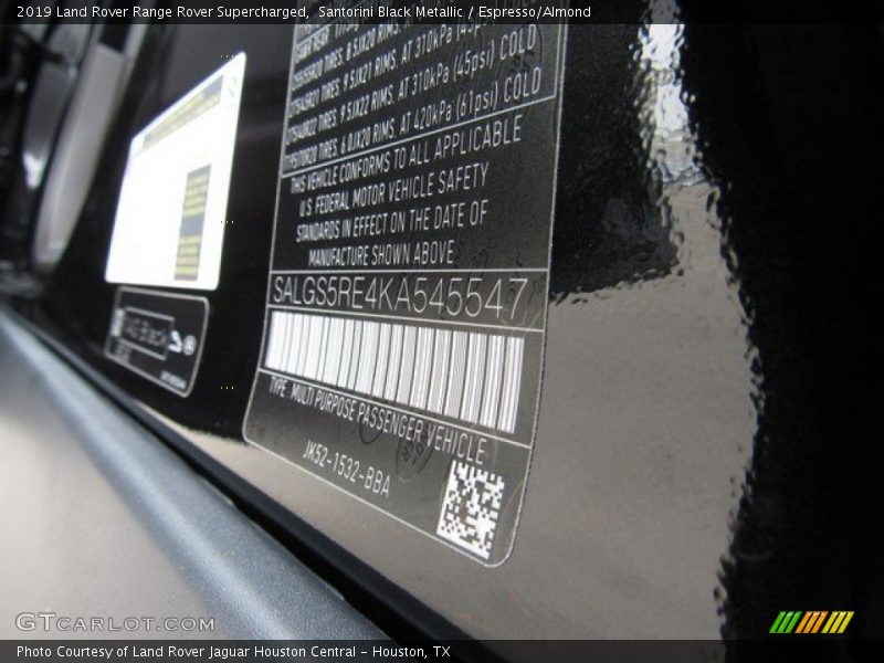 Santorini Black Metallic / Espresso/Almond 2019 Land Rover Range Rover Supercharged