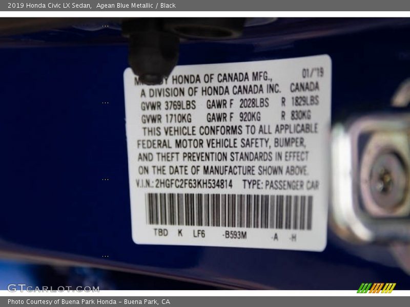 Agean Blue Metallic / Black 2019 Honda Civic LX Sedan