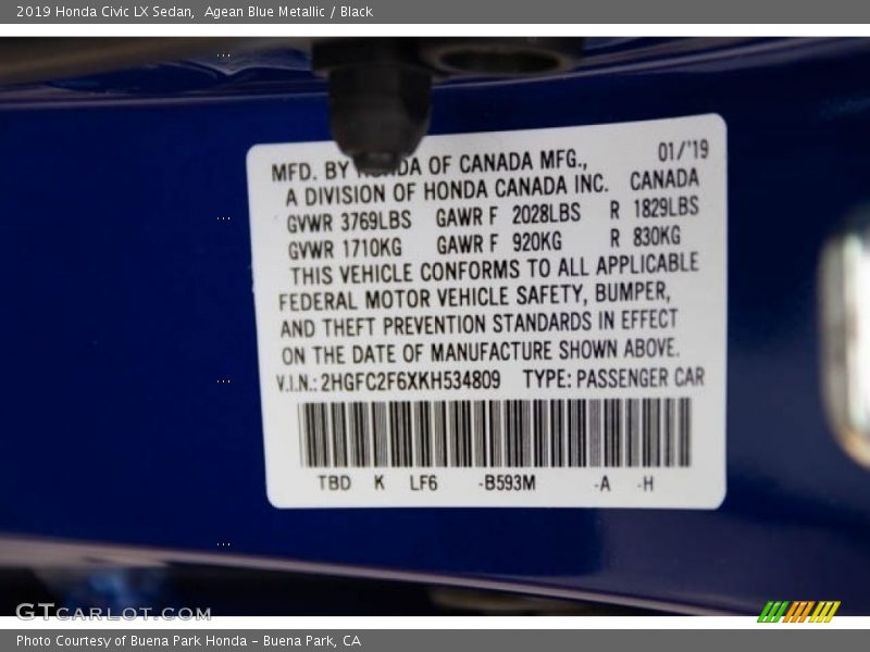 Agean Blue Metallic / Black 2019 Honda Civic LX Sedan
