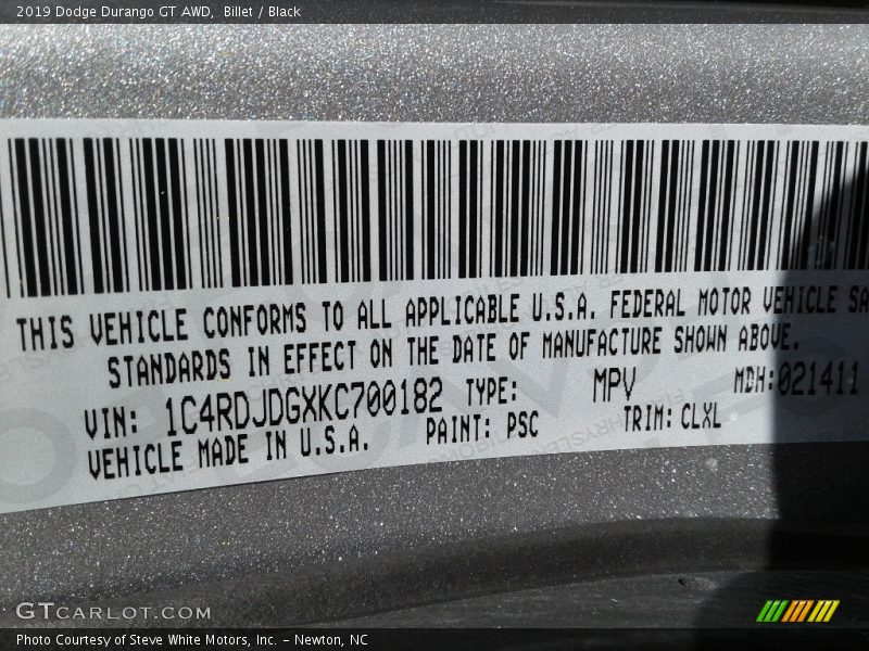 Billet / Black 2019 Dodge Durango GT AWD