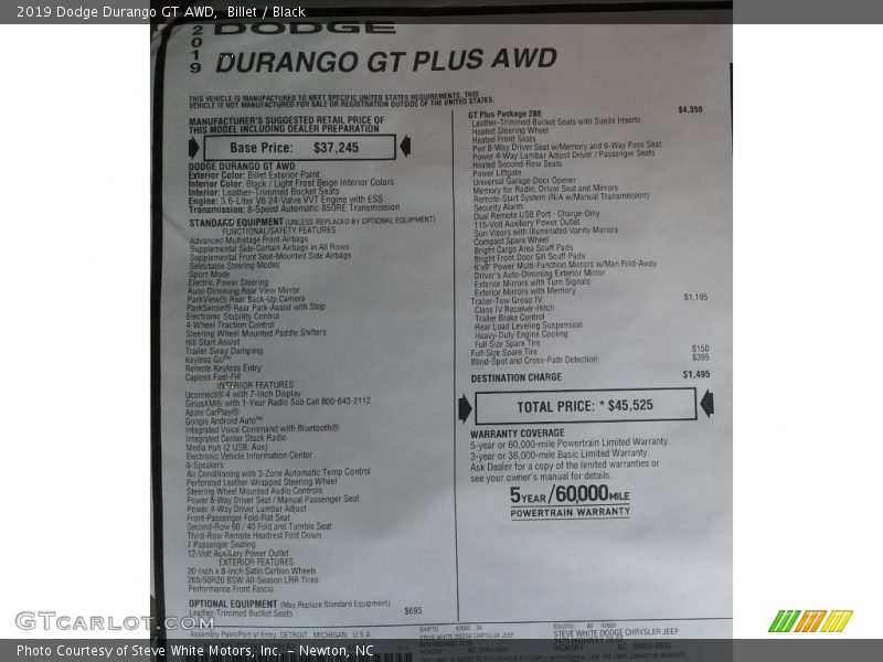 Billet / Black 2019 Dodge Durango GT AWD