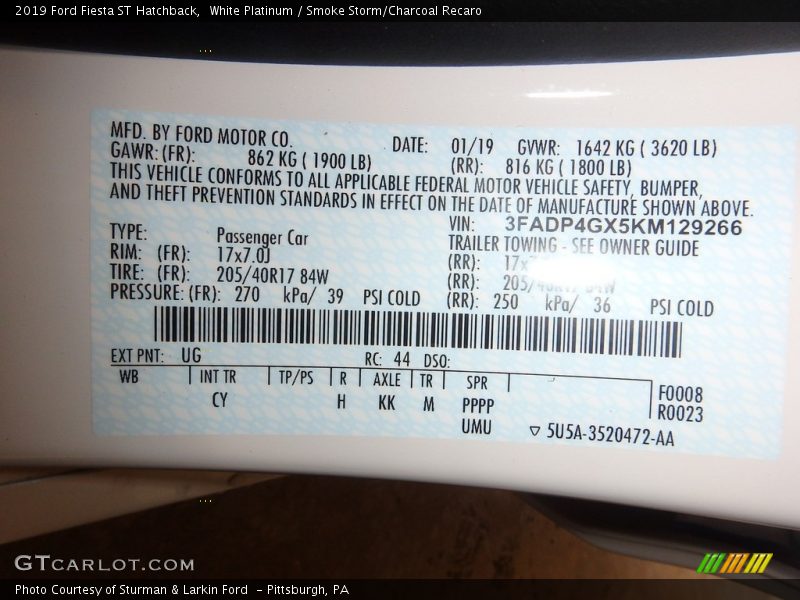2019 Fiesta ST Hatchback White Platinum Color Code UG