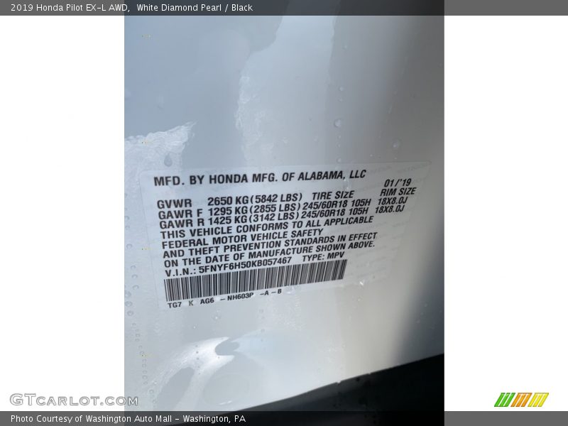 White Diamond Pearl / Black 2019 Honda Pilot EX-L AWD