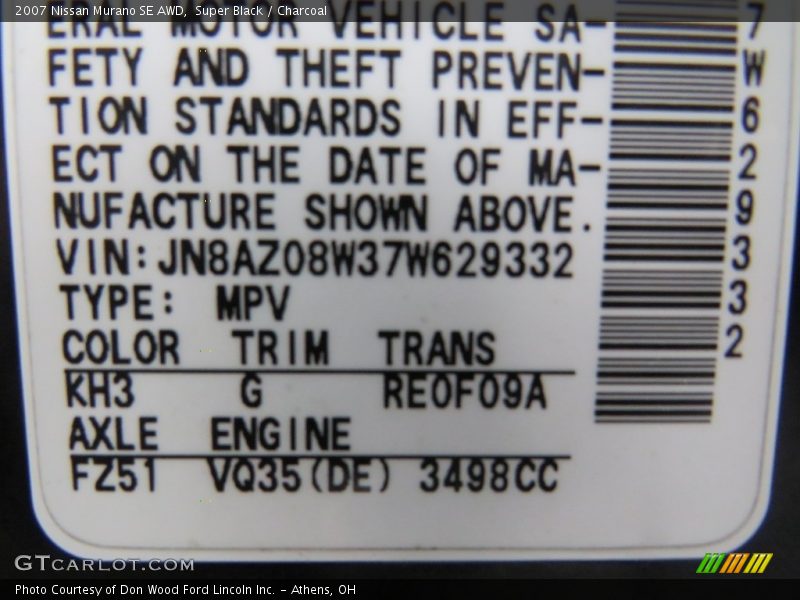 Super Black / Charcoal 2007 Nissan Murano SE AWD