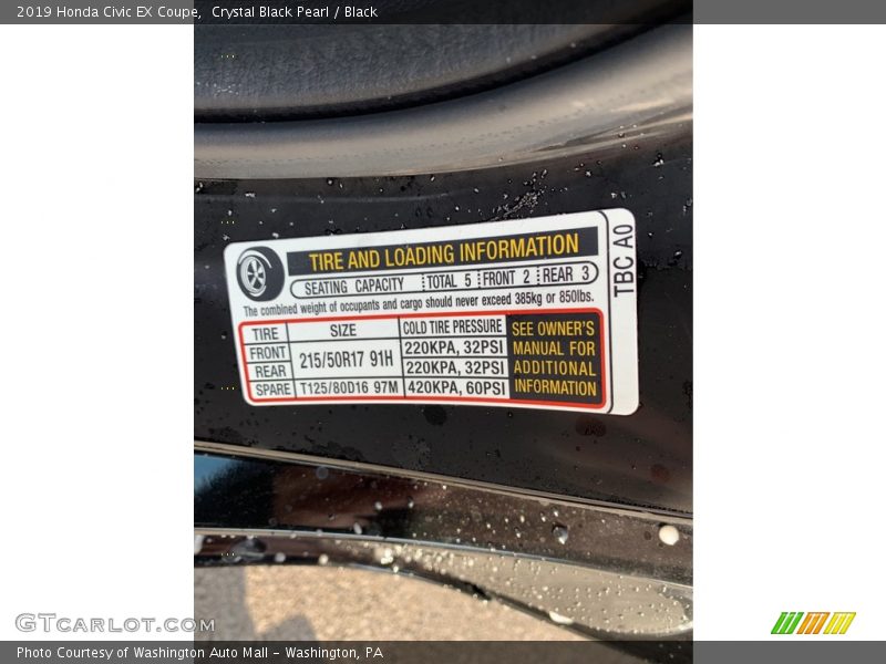 Crystal Black Pearl / Black 2019 Honda Civic EX Coupe