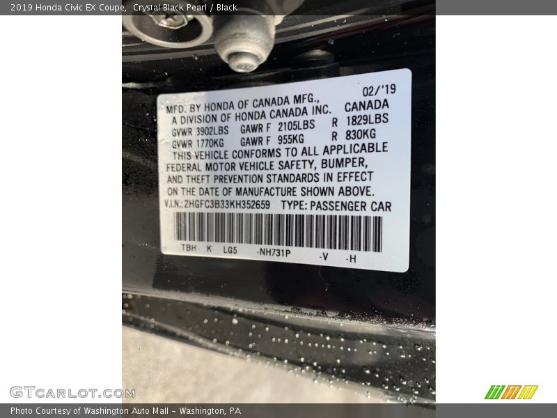 Crystal Black Pearl / Black 2019 Honda Civic EX Coupe